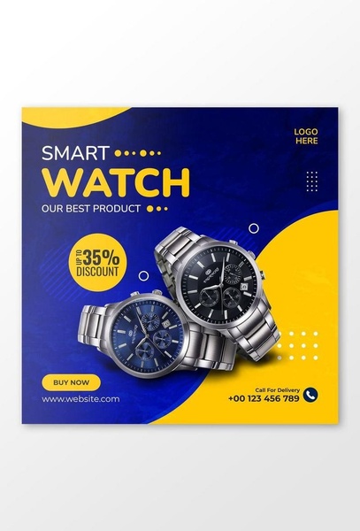 wrist watch, metal watch, chronograph watch, analog watch, steel watch, discount offer, bestseller push, modern typography, energetic, bold, blue, yellow