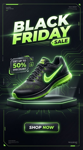 A vertical 9:16 ad creative showcasing a single running shoe on a glowing pedestal with high-contrast neon green accents and circuit board aesthetics.