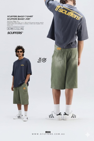 baggy t-shirt, denim jorts, oversized tee, cargo shorts, mens streetwear, new arrival, bestseller push, minimalist, lifestyle, bold, energetic, neutral