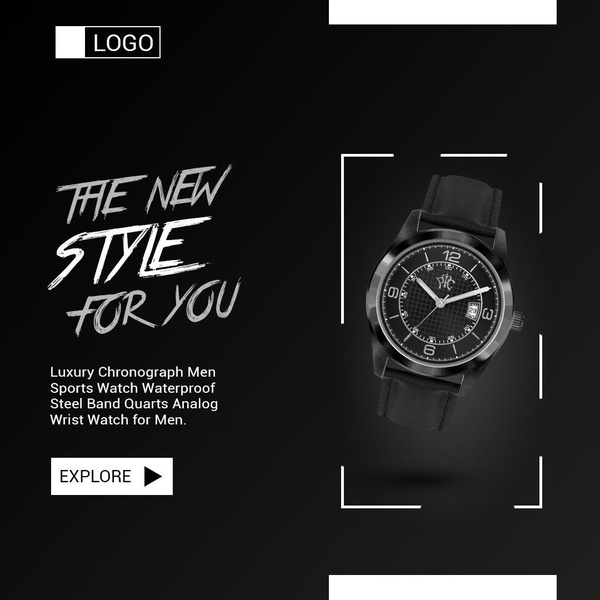 analog watch, sports watch, mens wrist watch, quartz watch, luxury watch, chronograph watch, new arrival, brand awareness, minimalist, modern typography, bold, luxurious, black, neutral