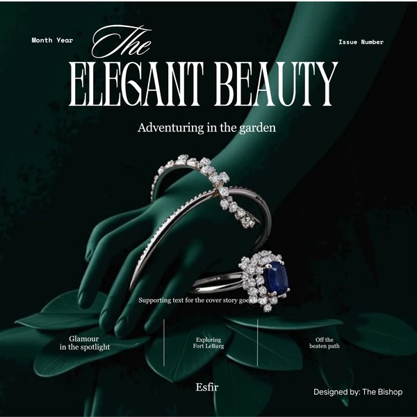 A high-fashion editorial magazine cover design featuring a jewelry set on a dark, moody background with deep green tones.