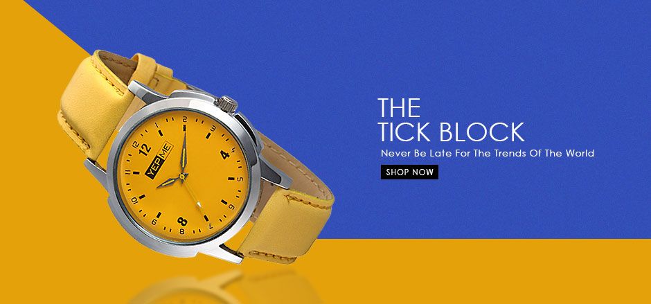wrist watch, analog watch, leather strap watch, fashion watch, quartz watch, brand awareness, minimalist, modern typography, bold, energetic, yellow, blue