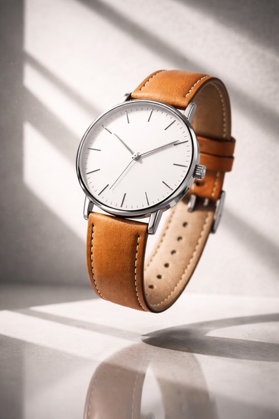 wrist watch, leather strap watch, analog watch, minimalist watch, mens watch, brand awareness, minimalist, calm, luxurious, neutral, brown