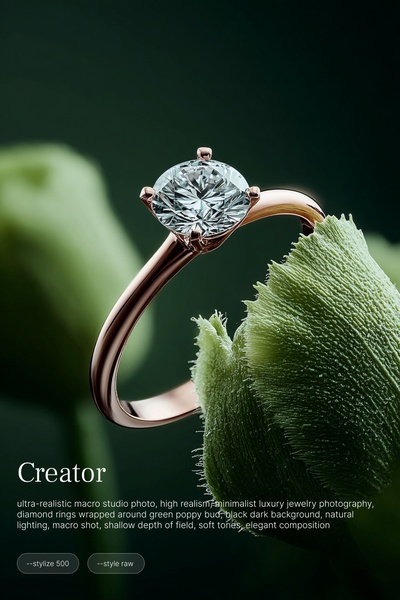 An ultra-realistic macro studio shot featuring a diamond ring resting on a green poppy bud, emphasizing luxury through natural tones.