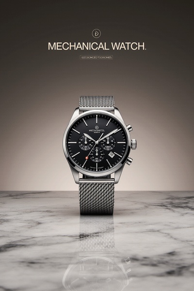mechanical watch, analog watch, mesh band watch, mens watch, luxury wristwatch, bestseller push, brand awareness, minimalist, editorial, luxurious, trustworthy, neutral, black