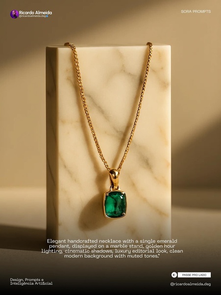 An elegant handcrafted emerald necklace presented on a marble stand under warm golden hour lighting for an editorial, high-end feel.