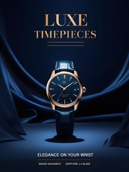 luxury watch, analog watch, leather strap watch, dress watch, wrist watch, bestseller push, brand awareness, minimalist, editorial, luxurious, calm, blue, gold, neutral