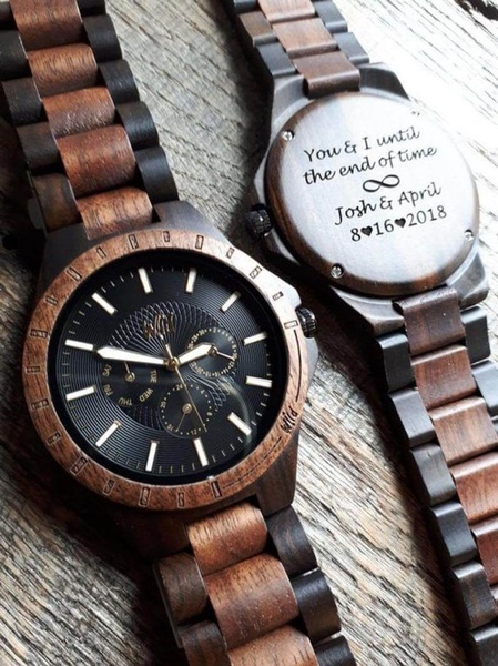 wooden watch, engraved watch, mens watch, personalized watch, wood wristwatch, gift guide, minimalist, flat lay, calm, trustworthy, brown, neutral