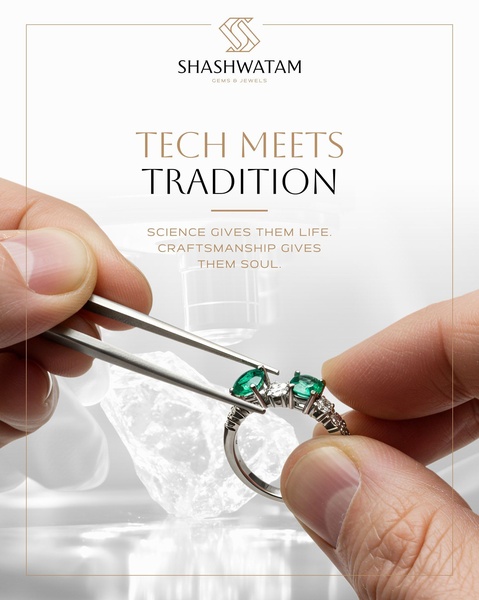 A close-up shot showing a jeweler holding a diamond and emerald ring with tweezers, highlighting the blend of modern technology and traditional craftsmanship.