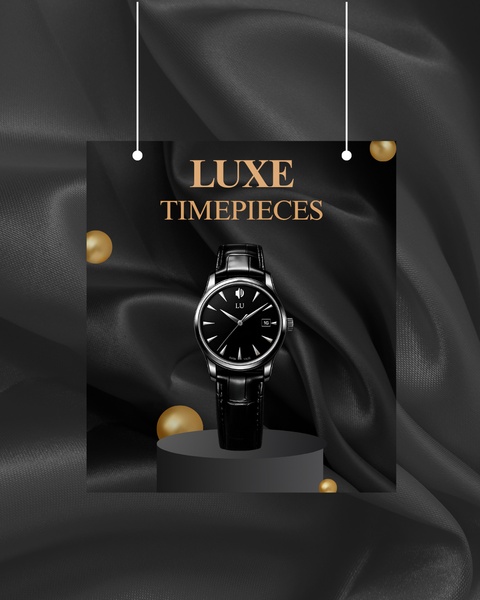 wrist watch, analog watch, leather strap watch, mens luxury watch, classic wrist watch, brand awareness, minimalist, editorial, luxurious, bold, black, gold