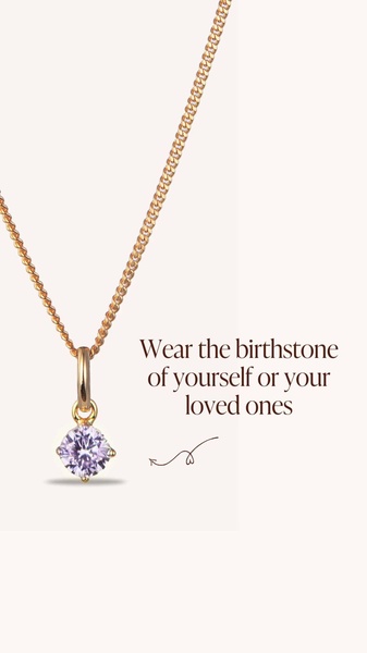 A high-quality product hero shot of a delicate gold birthstone necklace with a centered emotional value proposition.