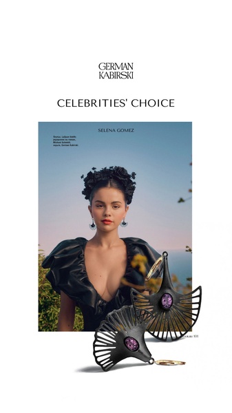 A high-end portrait of a celebrity wearing branded earrings paired with a close-up product hero shot.