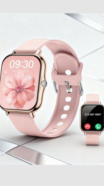 smartwatch, digital watch, fitness tracker, wrist watch, touchscreen watch, product demo, minimalist, calm, fresh, pink, neutral
