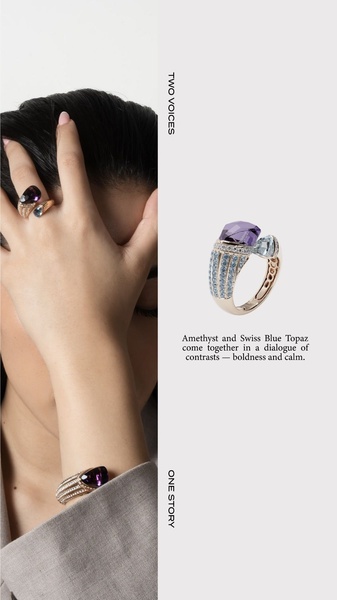 This jewelry ad uses a split-screen design to highlight a bold ring on the hand alongside a crisp, high-resolution product shot.