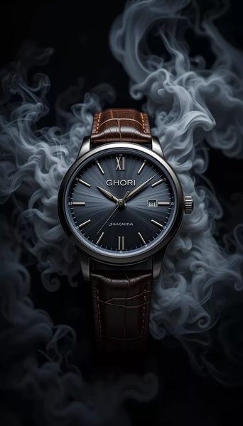 analog watch, leather strap watch, wrist watch, mens watch, dress watch, brand awareness, minimalist, editorial, luxurious, calm, black, brown, neutral