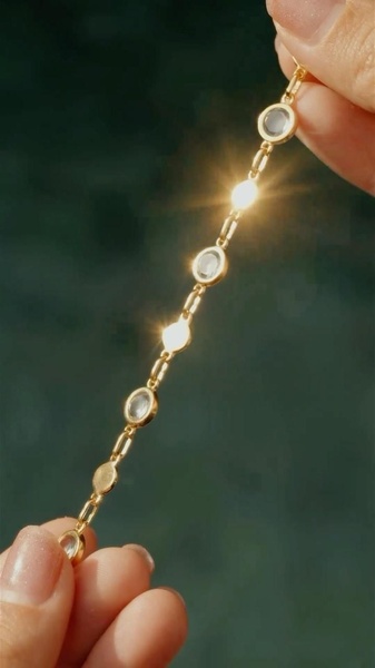 A close-up, high-definition shot of a gold bracelet held against a dark background, capturing natural sun reflections on the metal and stones.