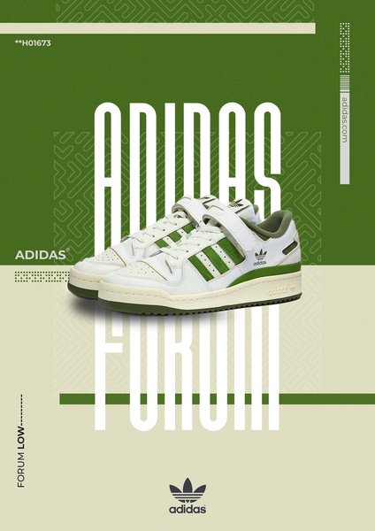 A vertical-oriented product hero ad for the Adidas Forum Low shoe, utilizing high-contrast typography and a clean, branded background.