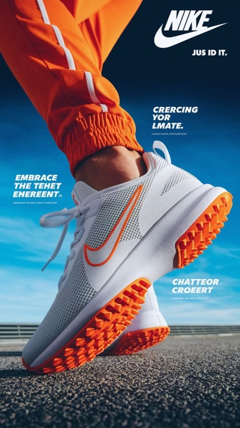 A high-energy, low-angle shot of a running shoe mid-stride against a vibrant blue sky, utilizing high-contrast orange branding elements.