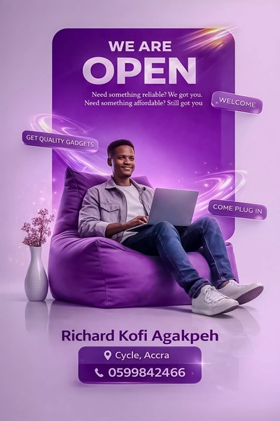 A clean, minimalist announcement featuring a tech consultant working on a laptop, emphasizing accessibility and reliability.