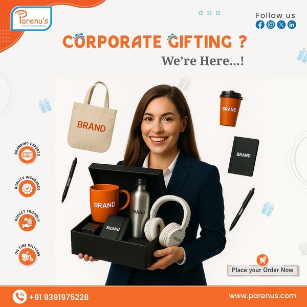 This ad creative displays a variety of branded promotional items, including a tote, mug, notebook, pen, and water bottle, held by a professional to signal business utility.