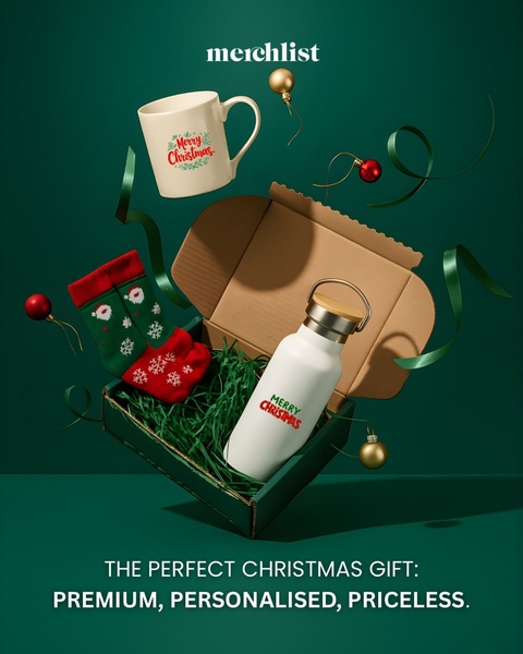 A high-quality 4:5 vertical display of a Christmas gift box containing a water bottle and festive socks, surrounded by floating holiday ornaments and ribbons.