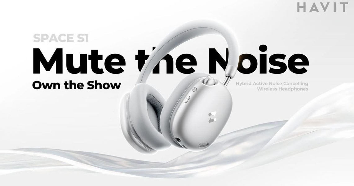 A high-end product showcase for wireless headphones featuring bold typography and clean, white-space heavy imagery.