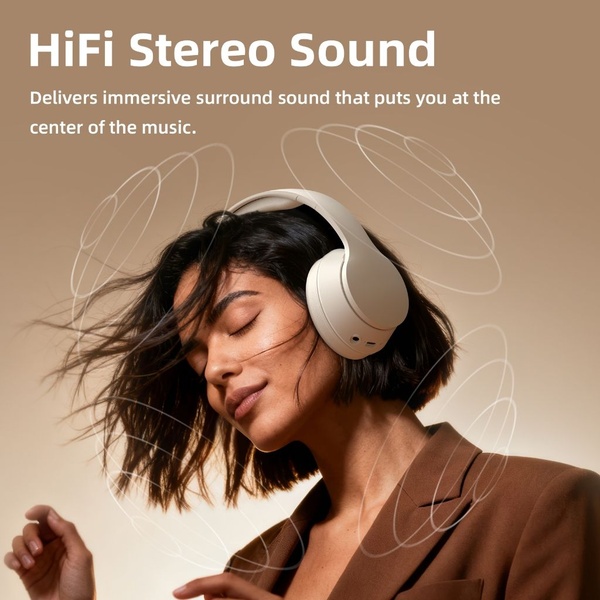 A close-up of a person wearing modern headphones with illustrated sound waves radiating outward, emphasizing high-fidelity audio quality.