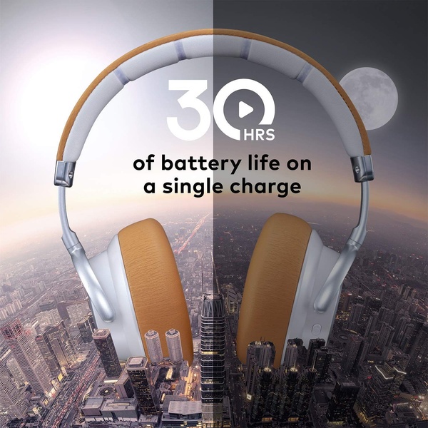 A split-screen creative demonstrating 30 hours of battery life on a single charge for wireless headphones, transitioning from day to night.