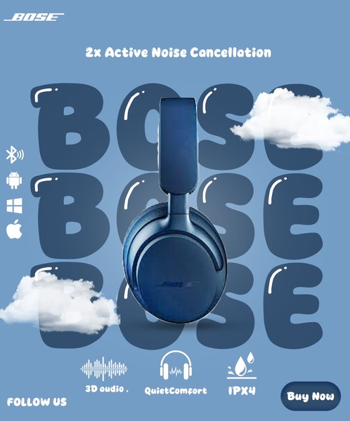 This creative showcases headphones against a blue background with repetitive brand text, clouds, and icon-based feature highlights.