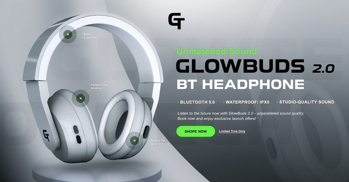 A sleek, minimalist product spotlight ad using callout lines to emphasize key technical specifications like battery life and comfort.