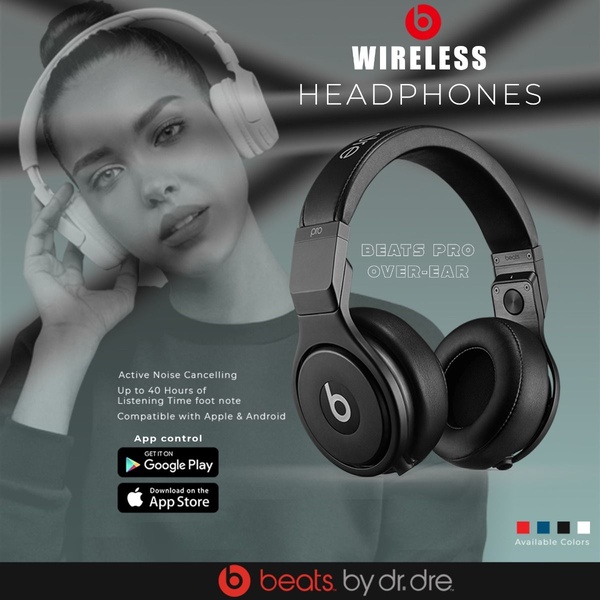 A split-view layout featuring a person wearing headphones alongside a clean product hero shot with key feature bullet points.