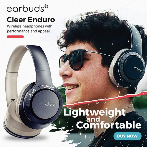 A high-contrast lifestyle image featuring a model wearing wireless headphones, highlighting core product benefits like comfort and weight.