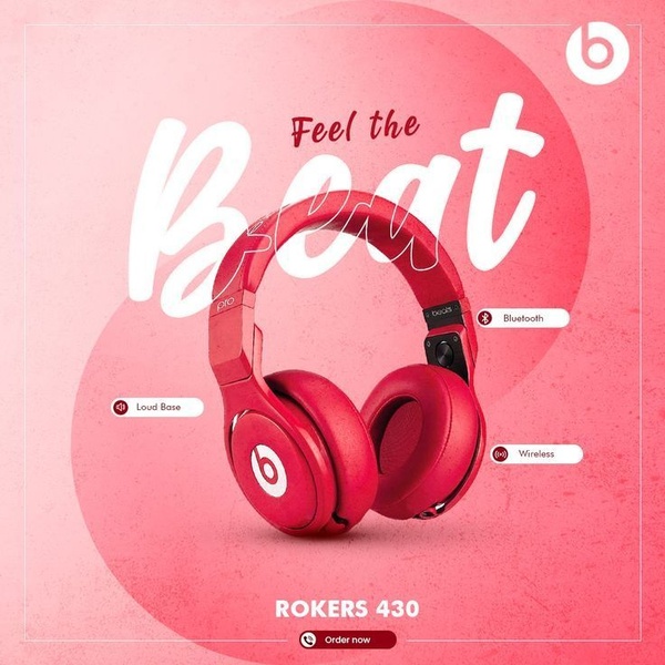 A clean, high-contrast ad featuring wireless headphones centered with clear call-outs for specific technical specifications.