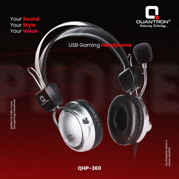 A clean, studio-lit shot of a USB gaming headphone set against a high-contrast dark red background, highlighting key product benefits with simple text overlays.