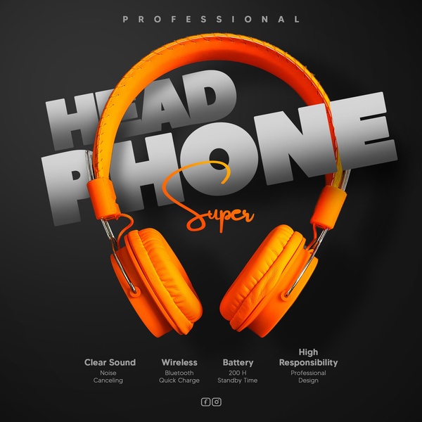 A high-impact product ad for wireless headphones featuring a bold orange color palette, clear feature callouts, and minimalist typography on a dark background.