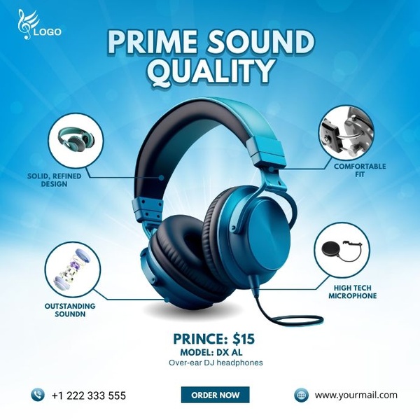 A square-ratio product advertisement highlighting the technical specifications of DJ headphones with clear callouts.