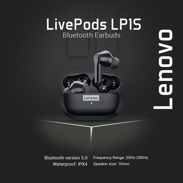 A clean, high-contrast hero shot of Bluetooth earbuds placed in front of their charging case, with key technical specifications listed at the bottom.