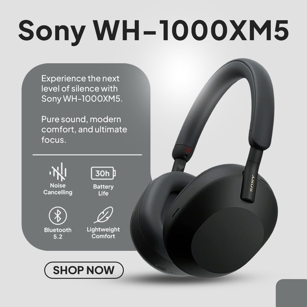 A clean, minimalist 1:1 ad featuring the Sony WH-1000XM5 headphones with clearly defined icons for core product benefits.