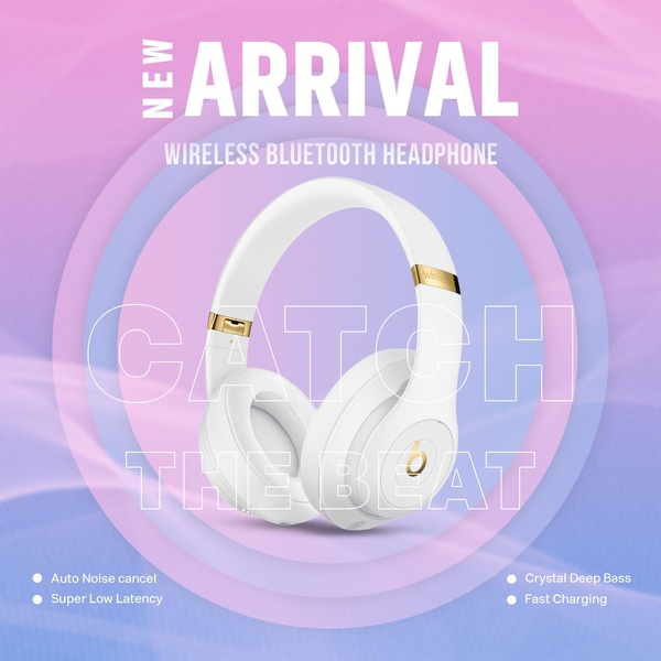 A clean, high-contrast promotional graphic featuring wireless headphones centered against a gradient background with key product benefits.