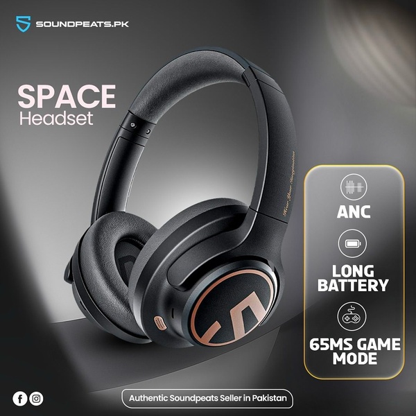A clean, high-contrast product shot of wireless headphones paired with an icon-led feature list to highlight ANC, long battery life, and gaming performance.