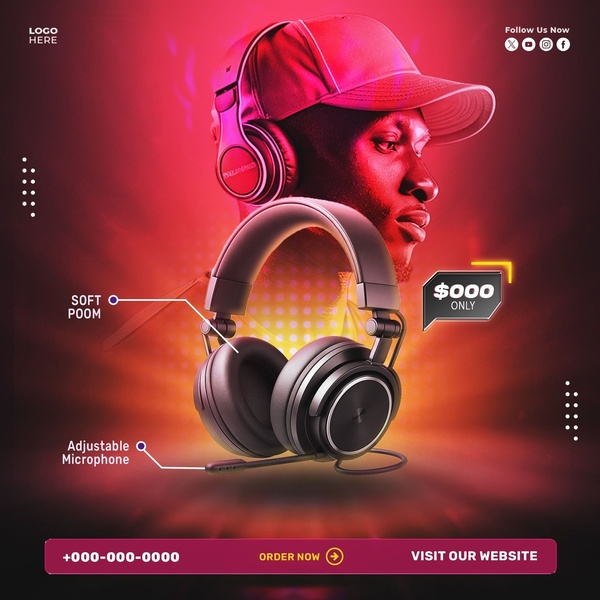 A high-contrast 1:1 creative highlighting specific product features like adjustable microphone and soft cushioning for an immersive audio device.