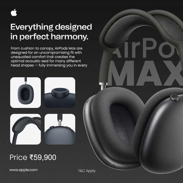A high-contrast, minimalist ad featuring the AirPods Max with detailed callouts on product components and a clear price point.