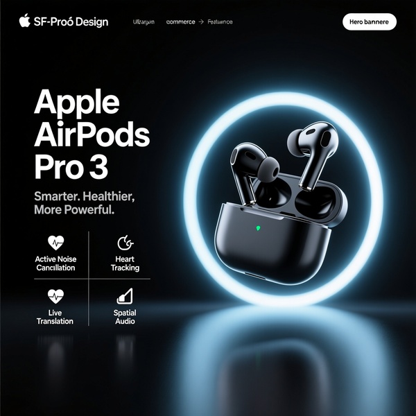 A high-contrast, professional product render featuring AirPods Pro 3 surrounded by a glowing neon circle, highlighting four key tech benefits.