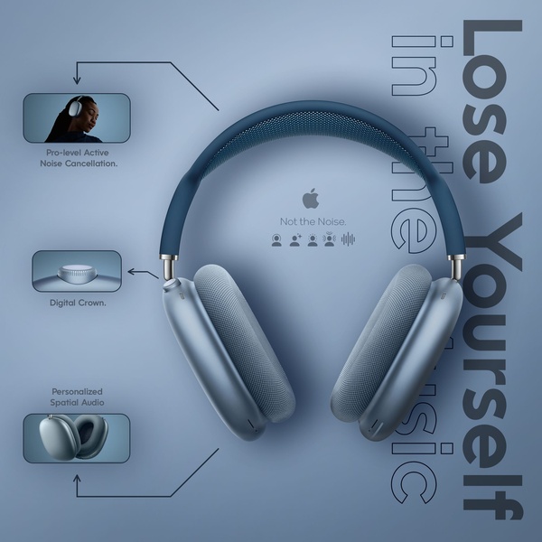 A clean, blue-toned product spotlight showing core features like noise cancellation, digital crown, and spatial audio with clear directional call-outs.