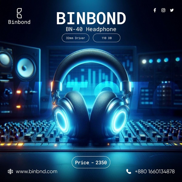 A sleek product creative showcasing a professional headset floating over a music mixing console with vibrant cyan neon accents.