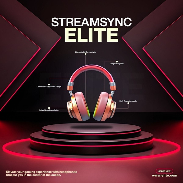 A clean, studio-lit 1:1 square graphic featuring the StreamSync Elite headphones floating above a circular stage with callouts for key technical specifications.