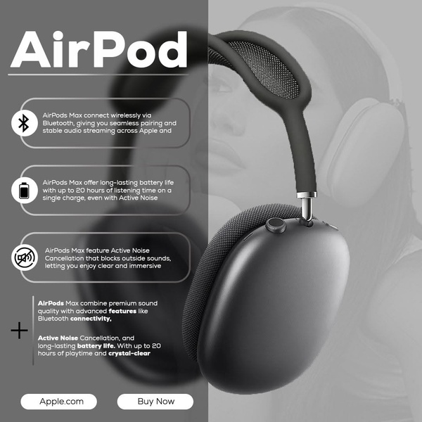 A clean, monochromatic ad layout that uses icon-based callouts to explain three primary features of the headphones alongside a hero product shot.