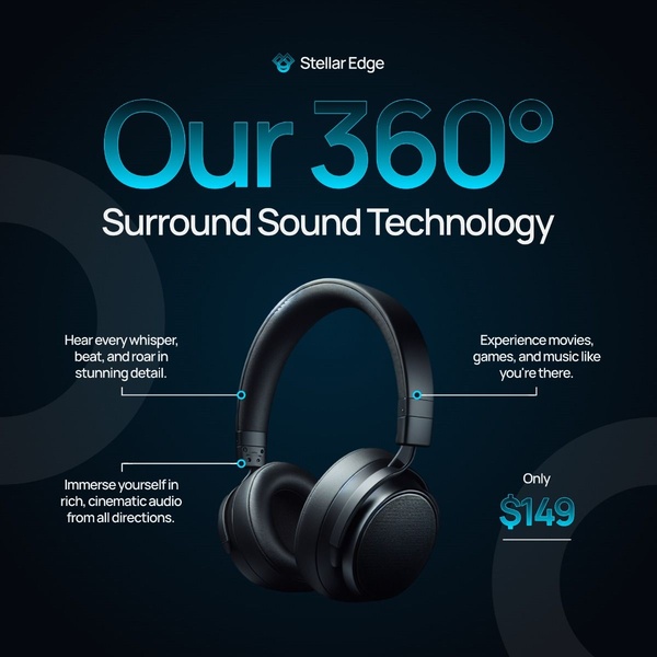 A clean, dark-themed product spotlight focusing on the surround sound capabilities of premium headphones with clear callouts.