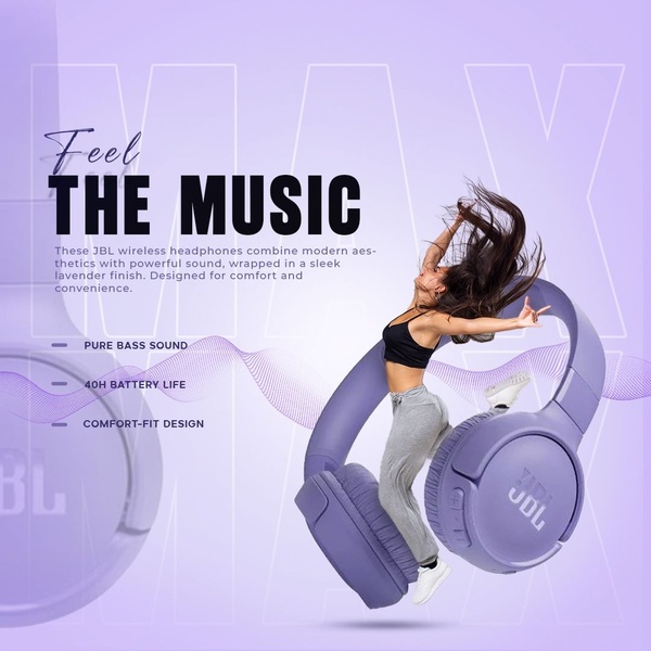 A high-energy ad for lavender wireless headphones that uses a dynamic image of a person mid-jump to emphasize product comfort and sound quality.