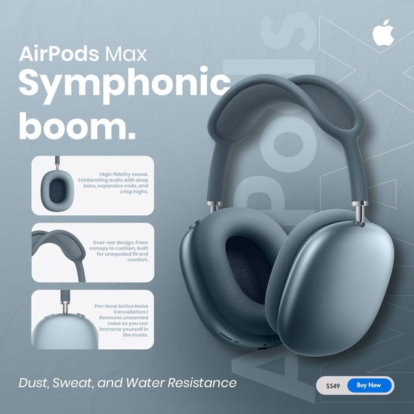 A clean, feature-focused square ad showcasing headphones with high-fidelity sound, ergonomic design, and active noise cancellation callouts.